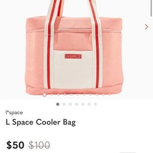 l*space Coral Pink Canvas Cooler Tote with Cream Pocket and Striped Handles